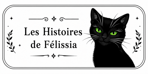 Chat noir yeux verts annonçant les histoires de Félissia